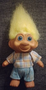 Vintage 1991 TNT Troll Doll – 4.5” Yellow Hair, Blue Eyes, Plaid Shirt & Short - Picture 1 of 3