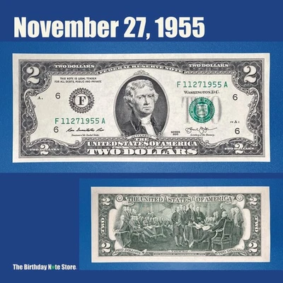 November 27, 1955 Birthday Anniversary $2 Two Dollar Bill Serial Number 11271955 - Image 1 of 2