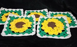 Sunflower Crocheted Granny Squares Hand Made Lot of 5 - Picture 1 of 4