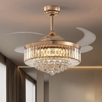 42" Retractable Crystal Ceiling Fan with light and Remote Chandelier with Fan - Image 1 of 4