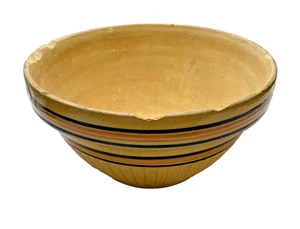 Antike gelbe Ware Keramik Rührschüssel groß 12" blau/rosa Bänder primitiv - Bild 1 von 9