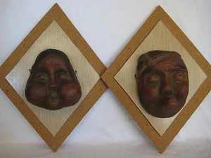 1960 OLD VINTAGE SET OF 2 ART POTTERY JAPANESE DECORATIVE MASKS BY ROY HATANAKA - Picture 1 of 9