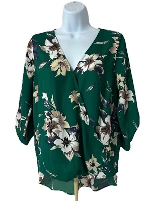 West Kei 3/4 Sleeves Top Blouse Women Green V Neck Floral Print Roll Tab Sleeves - Image 1 of 4