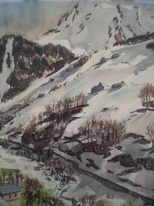 DESSIN ANCIEN AQUARELLE MONTAGNE PYRENEES BAREGES SOMMET HIVER NEIGE - Picture 1 of 6