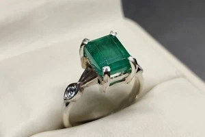 Natural Rich Green Emerald Sterling Silver 925 Handmade Women Anniversary Ring - Picture 1 of 12