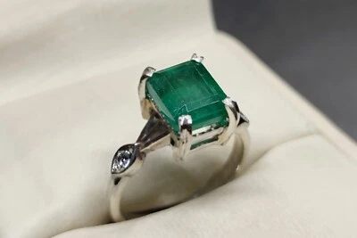 Natural Rich Green Emerald Sterling Silver 925 Handmade Women Anniversary Ring - Image 1 of 4