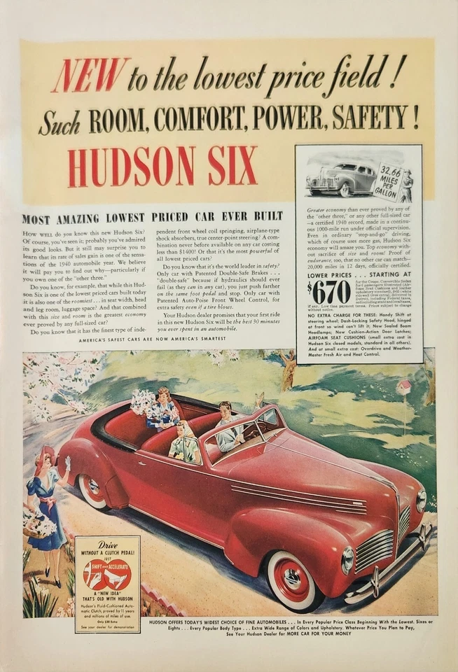 1940 red Hudson car Vintage Ad room comfort power safety - Image 1 of 1