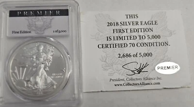 2018 1oz American Silver Eagle Premier First Edition PCGS MS70 - Image 1 of 3
