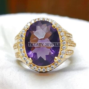 Amethyst Oval Cut With 925 Sterling Silver Gold Plated Ring For Men's #99 - Picture 1 of 6