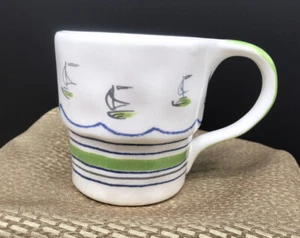 ANTHROPOLOGIE Blue Green Sailboat 10 oz Coffee Mug Cup EUC - Picture 1 of 5