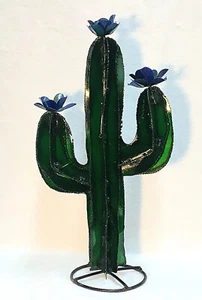 Metal Yard Art Cactus Scuplture Vibrant Blue Flowers On Green Prickly Cactus 23" - Picture 1 of 7