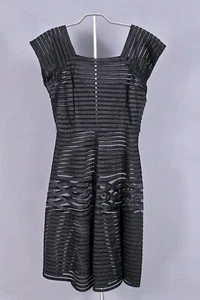 VTG Women's 50s Sheer Black Grosgrain & Mesh Striped Dress Sz S 1950s LBD - Picture 1 of 6