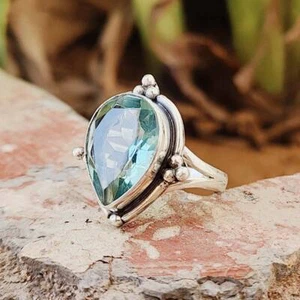 Solid 925 Sterling Silver Aquamarine Blue Stone Ring Handmade Women's Jewellry - Picture 1 of 7