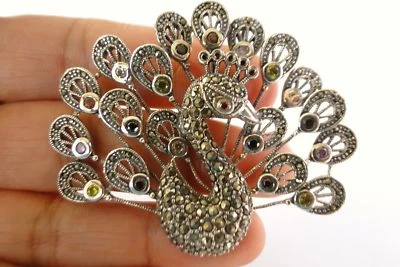 Peacock Marcasite Garnet Sapphire Citrine Peridot 925 Sterling Silver Pendant - Image 1 of 4