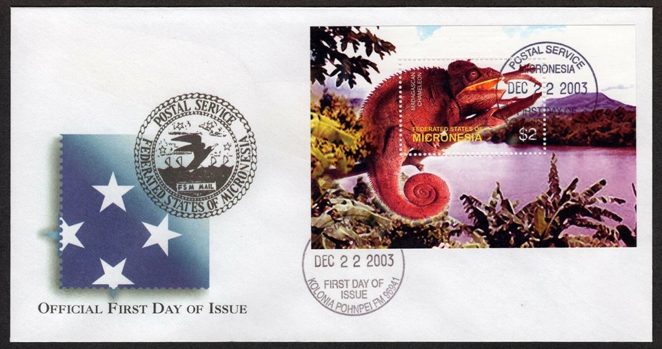 MICRONESIA, SCOTT # 577, FDC COVER OF MADAGASCAN CHAMELEON, DECEMBER 22, 2003 - Image 1 of 1