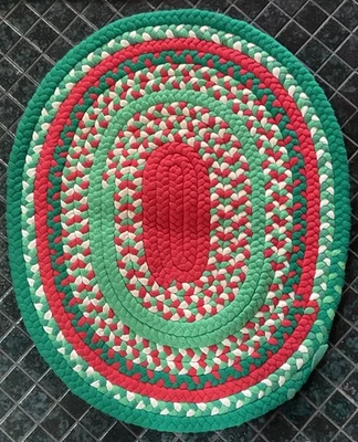 Vintage Hand Braided Holiday Red & Green Colorful Cotton Oval Area Rug 25" x 32" - Image 1 of 4