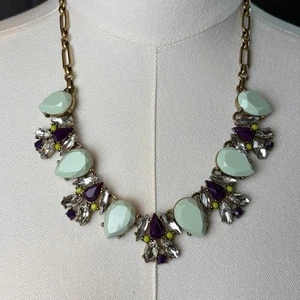 J Crew Mint Green Purple Crystal Rhinestone Vintage Goldtone Statement Necklace - Picture 1 of 2