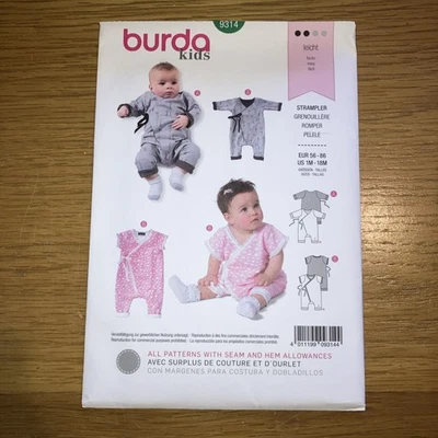 New Burda Sewing Pattern Baby Romper Bodysuit No. 9314 - Image 1 of 2