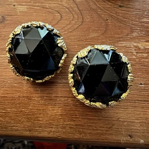 Orecchini JONNE Schrager Vintage Clip Vetro Sfaccettato Nero Lutto Tono Oro - Foto 1 di 4