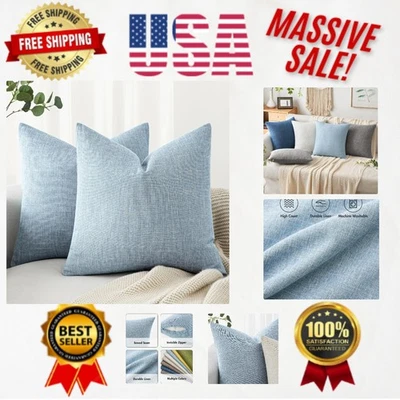 Moderno paquete de 2 fundas de almohada de lino azul claro con cierre de cremallera, 18" x 18" Foto 1 de 4