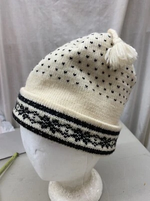 vintage stocking Hat Pom Black Cream ski retro tuque - Image 1 of 4