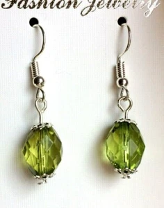 Green Coloured Faceted Oval Shaped Dangle / Drop Hook Earrings. - Picture 1 of 2