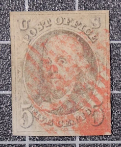 Scott 1 - 5 Cents Washington - gebraucht - schöne Briefmarke - roter Stempel SCV - 425,00 $ - Bild 1 von 2