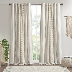 Cotton Printed Curtain Panel with Chenille Stripe and Lining Ivory 50x84" - Picture 1 of 159