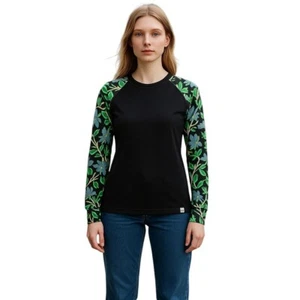 Wild Rye Women Evie Raglan Base Layer Top Size 4 Chonky Floral Black Merino Wool - Picture 1 of 23
