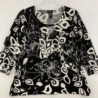 Nuevo Top elástico tejido con cuentas lentejuelas abstractas estampado hojas blanco negro talla 1X R.Q.T Foto 1 de 4