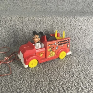 Vintage 1970s Mickey Mouse Fire Truck Pull Toy made in Hong Kong Red - Picture 1 of 9