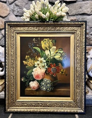 Vintage signed dutch master flemish style floral oil painting canvas Still Life - Image 1 of 4