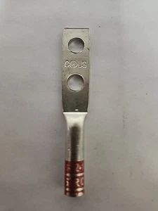 Red Compression Lug #8 AWG - 2 hole, 1/4hole, 5/8spacing, No Window, Long Barrel - Picture 1 of 4