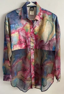 Vintage Judy Knapp Swirl Sheer Blouse Shirt Watercolor Floral Buttons Size M - Picture 1 of 5