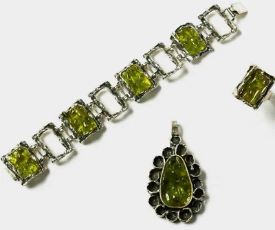 Schmuckset 925 Sterling Silber 1970er 91,2g Peridot Armband Anhänger Ring Gr. 57 - Bild 1 von 4