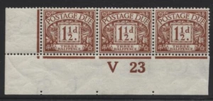 1922 1½d CHESTNUT POSTAGE DUE ROYAL CYPHER WMK CONTROL (V23) STRIP OF 3. SG D3 - Picture 1 of 1