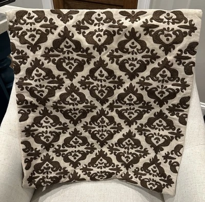 Pottery Barn Embroidered Crewel Medallion Pillow Cover Flax Natural 18” Floral - Image 1 of 4