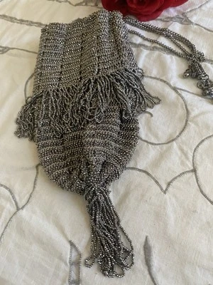 Antique Vintage Beaded Silver Gray Drawstring Purse, Bag - great condition - Image 1 of 4
