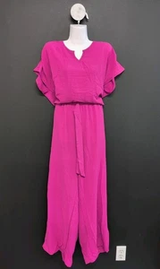 Split V Neck Women's Half Sleeve Belted Wide Leg Jumpsuit Size XXL Pink - Picture 1 of 10