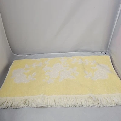 Vintage Cannon Bath Towel Yellow Floral Cotton USA Shabby Cottage Fringe 1970s - Image 1 of 4