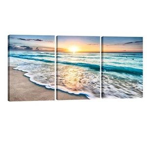 3 Panels Blue Beach Sunrise White Wave Pictures Painting on Canvas Wall Art M... - Picture 1 of 6