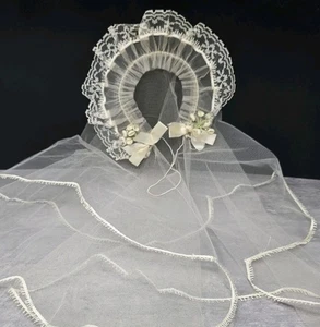 Vintage 1940er Hochzeitsschleier oder Erstkommunion Netz mit Spitzenrand Stirnband Toole 24" - Bild 1 von 7