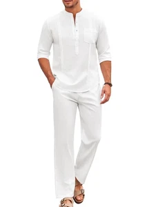 Men's White Linen Pants and Shirt Set Casual Beach Yoga Outfits 2 Piece Cotto... - Picture 1 of 9