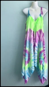 Ladies Tie Dye Summer Festival Baggy Boho Multi-Colors Harem Romper Jumpsuit - Picture 1 of 5