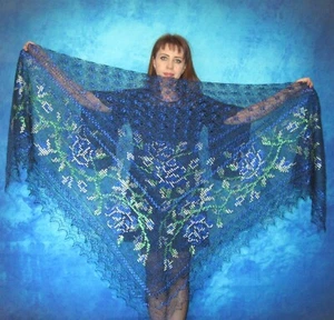 Dark blue embroidered Russian shawl, Orenburg wool wrap, Bridal stole,Warm scarf - Picture 1 of 15