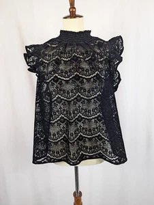 Express Black Lace Ruffle Cap Sleeve Semi Sheer Mock Neck Blouse Sz XL NEW NWT - Picture 1 of 8