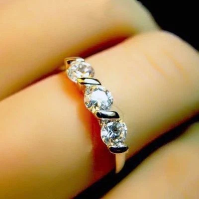 White Gold gp Three Stones Lab Diamond Anniversary Love Wedding Party Band Ring - Image 1 of 3