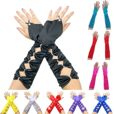 Pleated Short Opera Fingerless 1920s Satin Tea Party Gloves Bridal Elbow Glove - Image 1 of 4