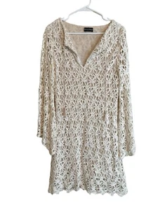 Union of Angels Beige Crochet Long Sleeve Cotton Blend Knee Length Boho Dress - Picture 1 of 8