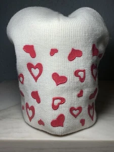 Valentines Hearts Beanie Hat Cap White With Pink Red Hearts - Picture 1 of 9